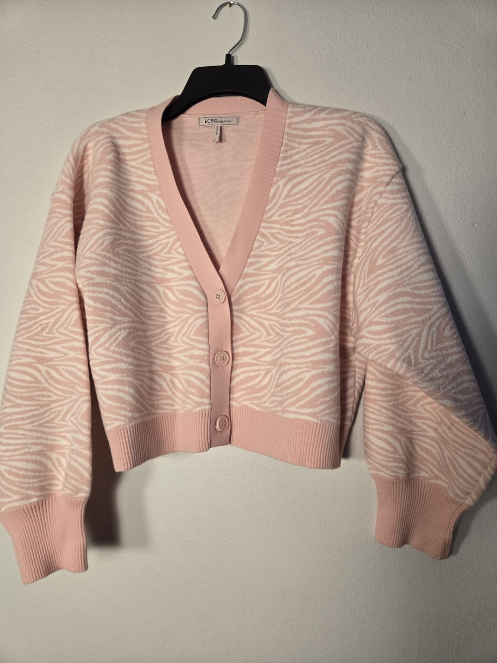 BCBGeneration Pink & White Zebra-Print V-Neck Button Cardigan